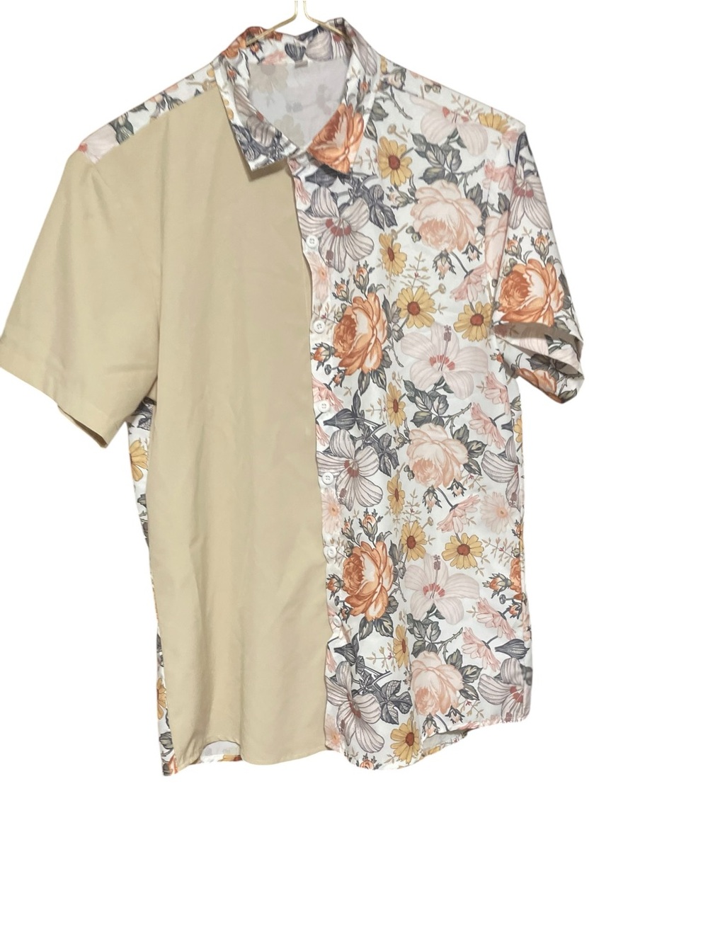 SHEIN Split-Panel Short Sleeve Button-Up Shirt - Beige & Floral